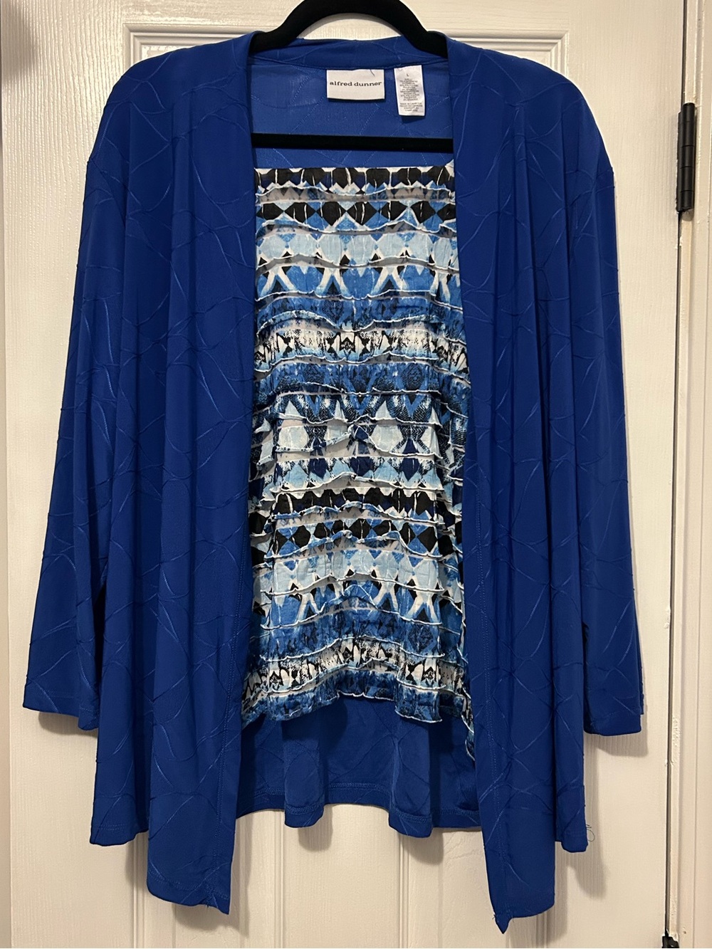 Alfred Dunner Royal Blue Open-Front Cardigan with Blue Patterned Panel
